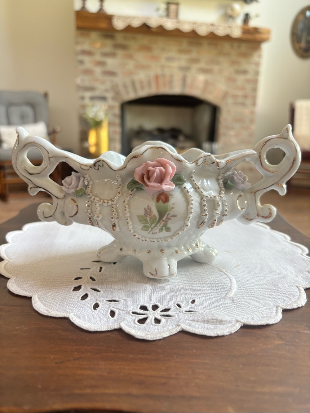 Porcelain Floral Centerpiece Bowl with Pink and Lavender Rose Accents